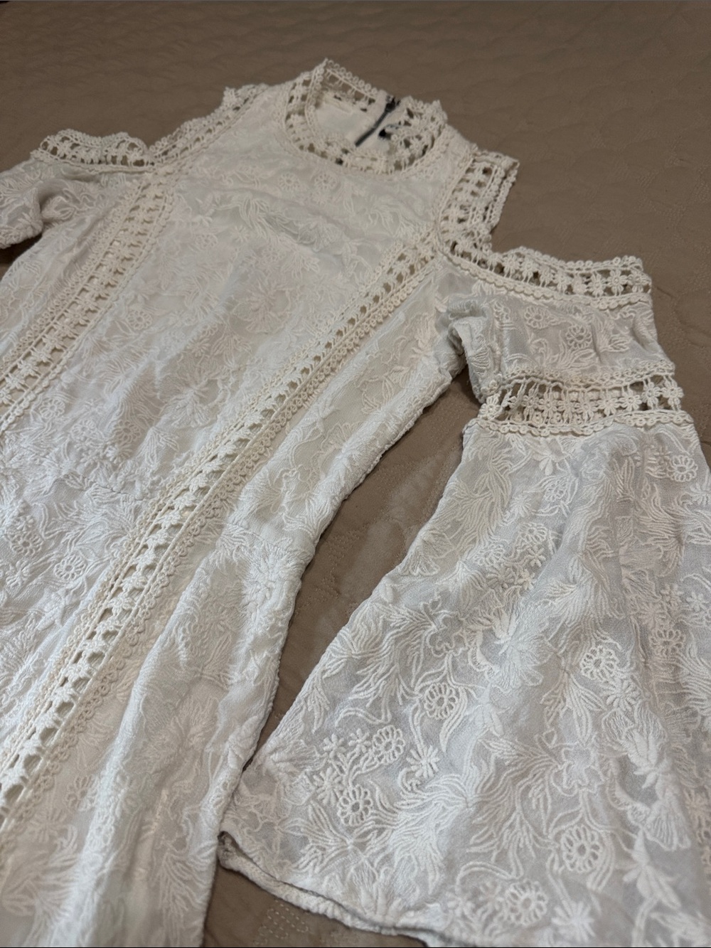 Alice + Olivia Embroidered Lace Cold-Shoulder Mini Dress in Cream - Picture 7 of 10